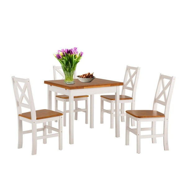 Set bieleho jedálenského stola a 4 stoličiek z masívneho dreva Støraa Marlon