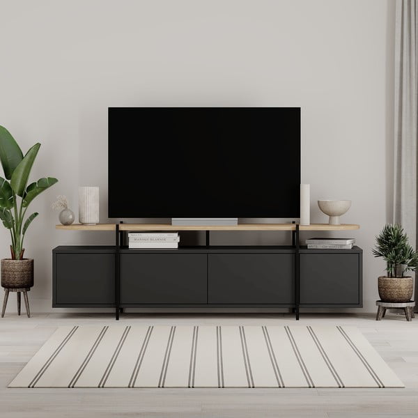 Čierny TV stolík v dekore duba 160x48 cm Hinoa – Marckeric-image-1