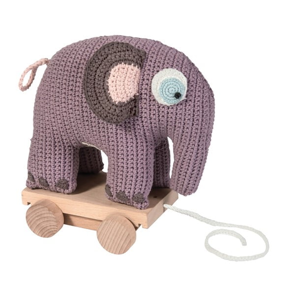Pletená detská hračka na drevenom vozíku Sebra Crochet Elephant On Wheels