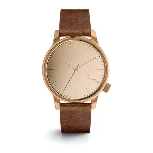 Unisex hnedé hodinky s koženým remienkom a ciferníkom vo farbe ružového zlata Komono Mirror