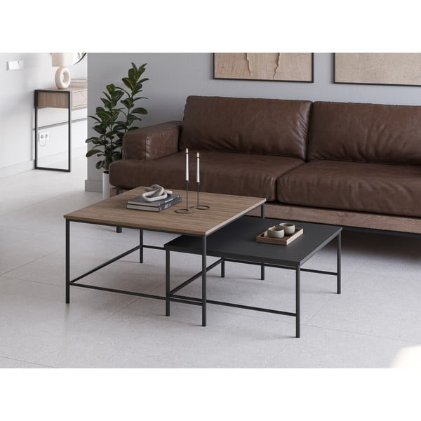 Čierne/prírodné konferenčné stolíky s doskou v dubovom dekore v súprave 2 ks 80x80 cm Fiorenza - Marckeric-image-1