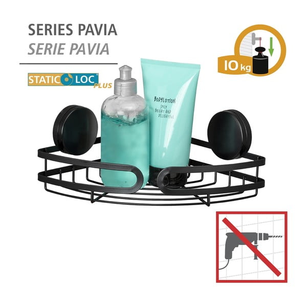 Čierna rohová polica do kúpeľne Wenko Static-Loc® Pavia, šírka 27 cm-image-4