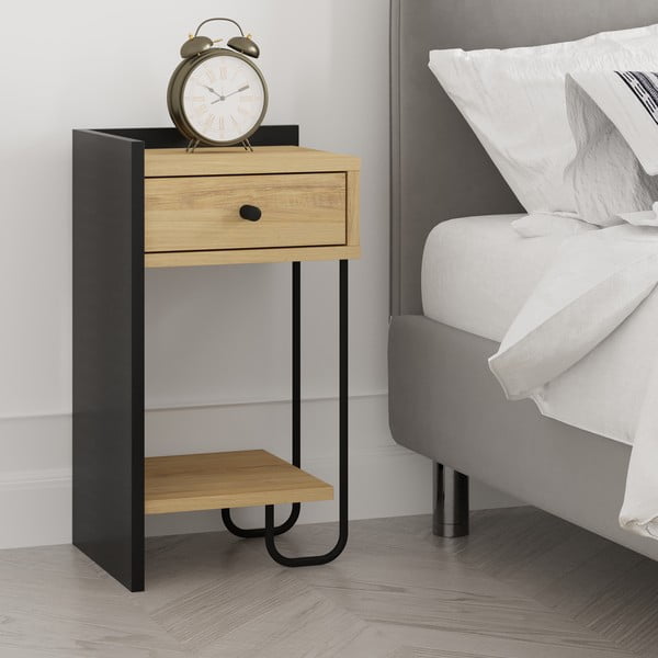 Čierny/v prírodnej farbe nočný stolík v dekore duba s poličkami Mercure – Marckeric-image-1