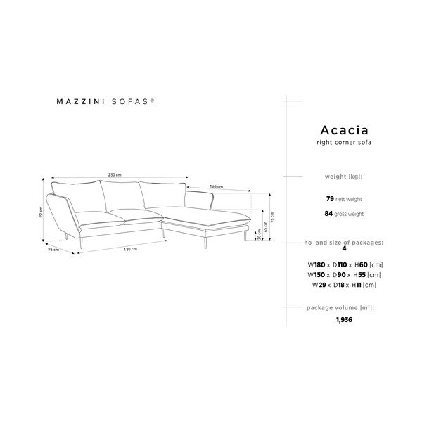 Svetlosivá zamatová rohová pohovka Mazzini Sofas Acacia, pravý roh-image-3