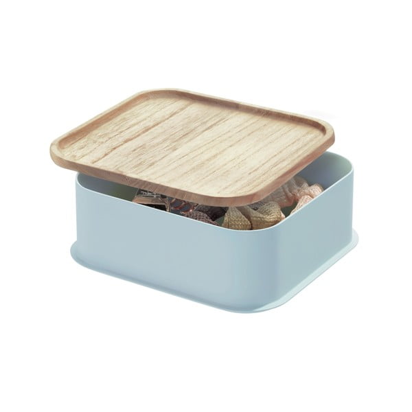 Sivý úložný box s vekom z dreva paulownia iDesign Eco, 21,3 x 21,3 cm-image-1