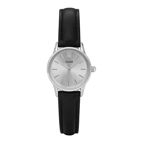 Dámske hodinky s čiernym koženým remienkom s ciferníkom v striebornej farbe Cluse La Vedette
