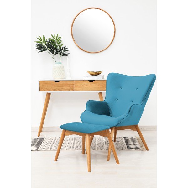 Akvamarínovomodré kreslo a podnožka s podnožou v prírodnej farbe Vivonita Cora Velvet-image-1