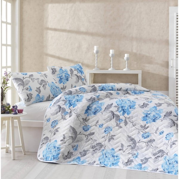 Sada prikrývky cez posteľ a dvoch obliečok na vankúš Flower Blue, 200x220 cm