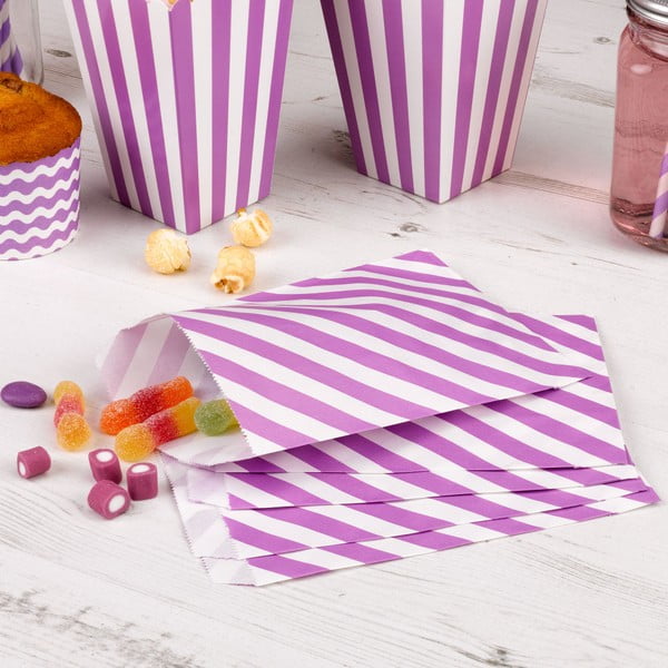 Sada 25 fialových papierových taštičiek Neviti Carnival Stripes
