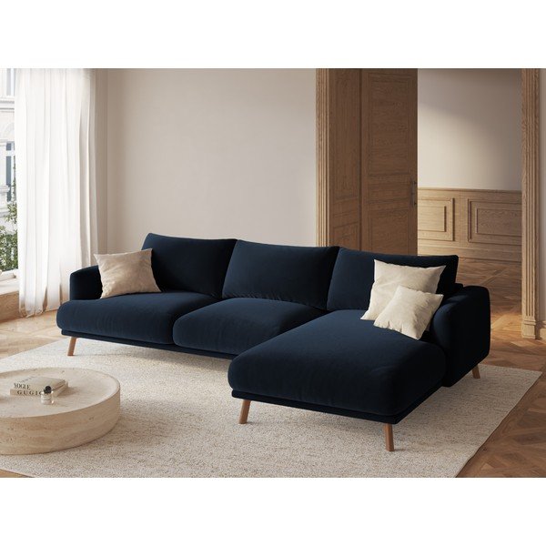 Tmavomodrá zamatová rohová pohovka (pravý roh/s leňoškou) Naomi – Micadoni -image-1