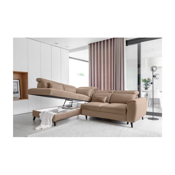 Svetlohnedá zamatová rozkladacia/s úložným priestorom rohová pohovka (ľavý roh/do L) Noble – ELTAP-image-3