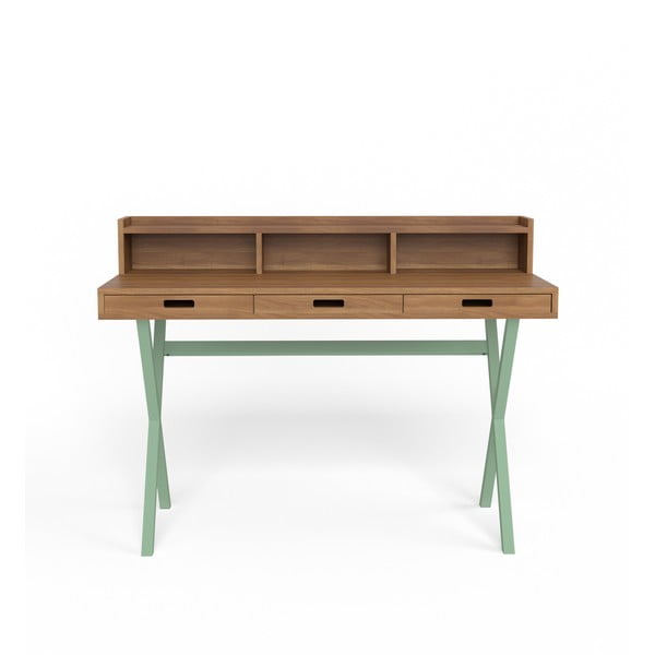 Pracovný stôl z orechového dreva so zelenými kovovými nohami HARTÔ Hyppolite, 120 × 55 cm
