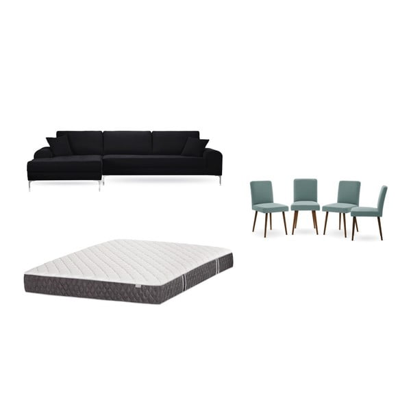 Set čiernej pohovky s leňoškou vľavo, 4 sivozelených stoličiek a matraca 160 × 200 cm Home Essentials