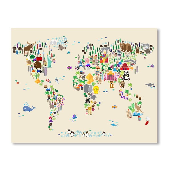 Plagát s pestrofarebnou mapou sveta Americanflat Animal, 60  ×   42 cm
