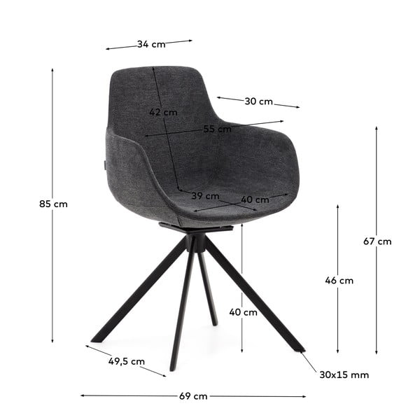 Tmavosivé čalúnené jedálenské kreslá v súprave s podrúčkami 2 ks Tissiana – Kave Home-image-4