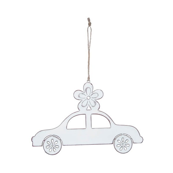 Malá závesná biela kovová dekorácia v tvare autíčka s motívom autíčka Ego Dekor, 13 × 9 cm