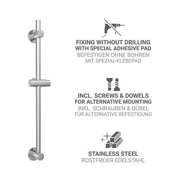 Sprchová tyč bez vŕtania z nehrdzavejúcej ocele v lesklej striebornej farbe posuvný držiak 70 cm – Wenko-image-2