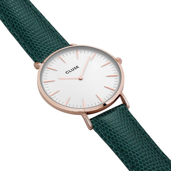 Dámske hodinky so smaragdovozeleným koženým remienkom a detailmi vo farbe ružového zlata Cluse La Bohéme