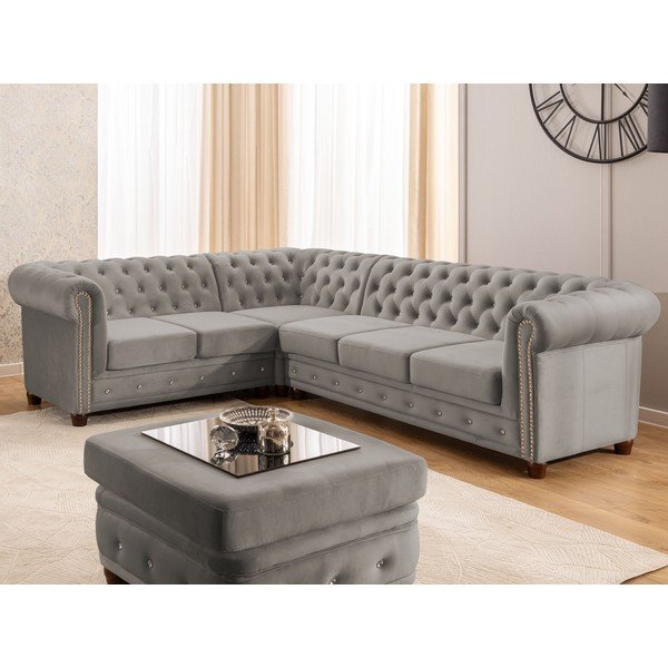 Sivá zamatová rozkladacia rohová pohovka (ľavý roh/do L) York Blik – Ropez-image-1