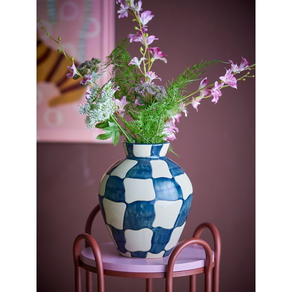 Modrá/krémová sklenená ručne maľovaná váza (výška 24 cm) Check – Bloomingville-image-1