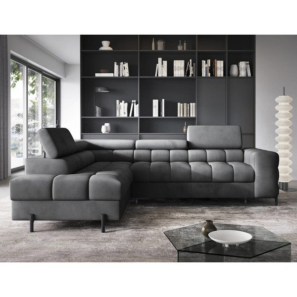 Tmavosivá zamatová rozkladacia/s úložným priestorom rohová pohovka (ľavý roh/do L) Ferucce – ELTAP-image-1