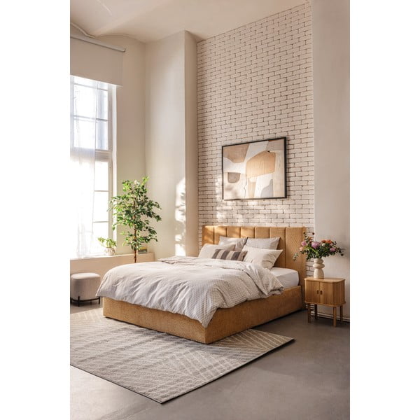 Čalúnená dvojlôžková posteľ s úložným priestorom s roštom 180x200 cm v horčicovej farbe Thessa Bold Line – Bonami Selection-image-1