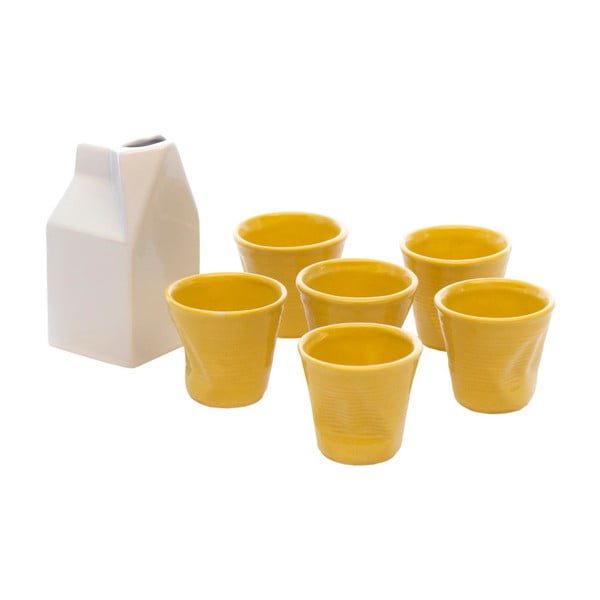 Bielo-žltý set nádoby na mlieko a 6 šálok na espresso Kaleidos Milk