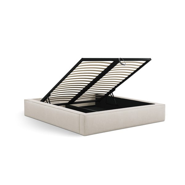 Krémová čalúnená dvojlôžková posteľ s úložným priestorom s roštom 160x200 cm Simon – Micadoni-image-3