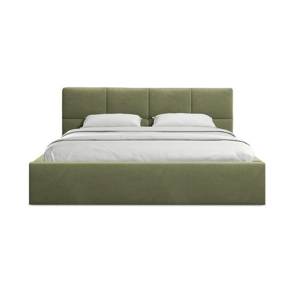 Zelená zamatová čalúnená dvojlôžková posteľ s úložným priestorom s roštom 140x200 cm Hiko – Makamii-image-3