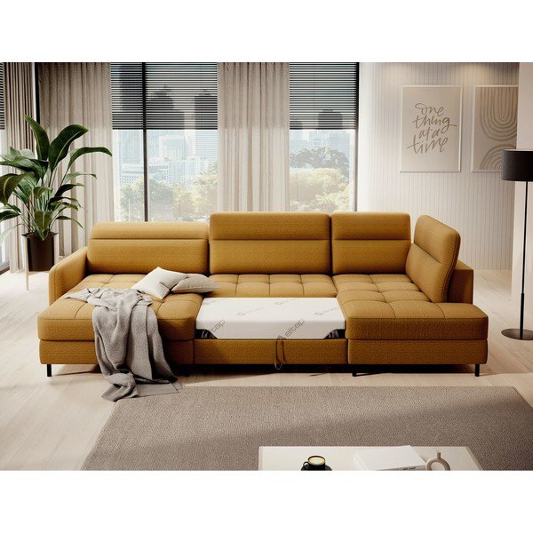 Žltá zamatová rozkladacia/s úložným priestorom rohová pohovka (pravý roh/do tvaru "U") Berrto – ELTAP-image-4