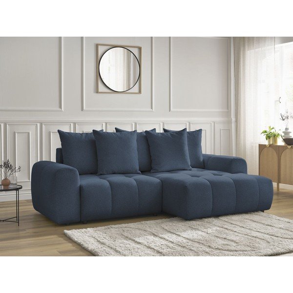 Modrá ženilková rozkladacia/s úložným priestorom rohová pohovka (pravý roh/s leňoškou) Roxelane – Bobochic Paris-image-3