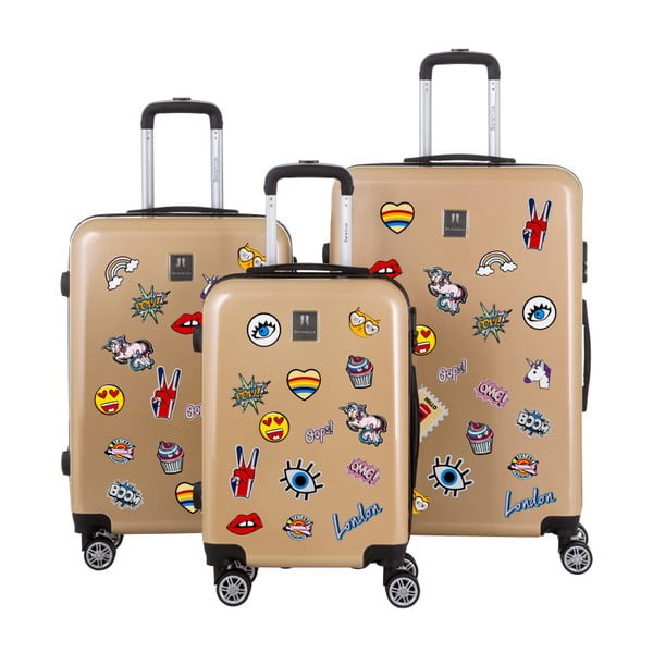 Sada 3 cestovných kufrov v zlatej farbe so sadou nálepiek Berenice Stickers