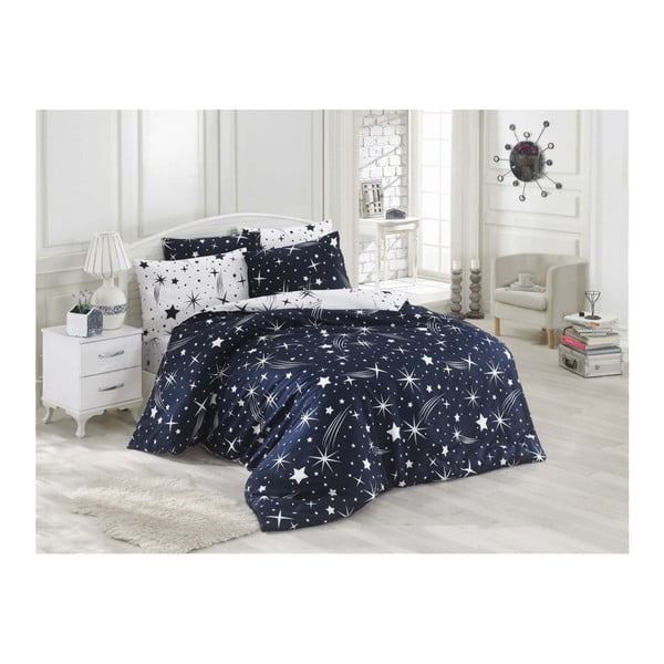 Tmavomodré obliečky s plachtou na jednolôžko Starry Night, 160 × 220 cm