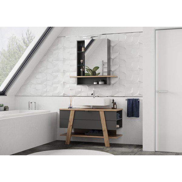 Tmavosivá závesná kúpeľňová skrinka so zrkadlom v dekore duba 90x91 cm Avellino - Germania-image-4