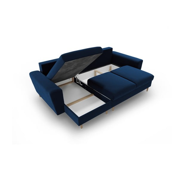 Modrá zamatová rozkladacia/s úložným priestorom rohová pohovka Kyoto – Cosmopolitan Design-image-3