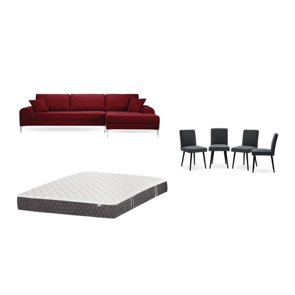 Set červenej pohovky s leňoškou vpravo, 4 antracitovosivých stoličiek a matraca 160 × 200 cm Home Essentials