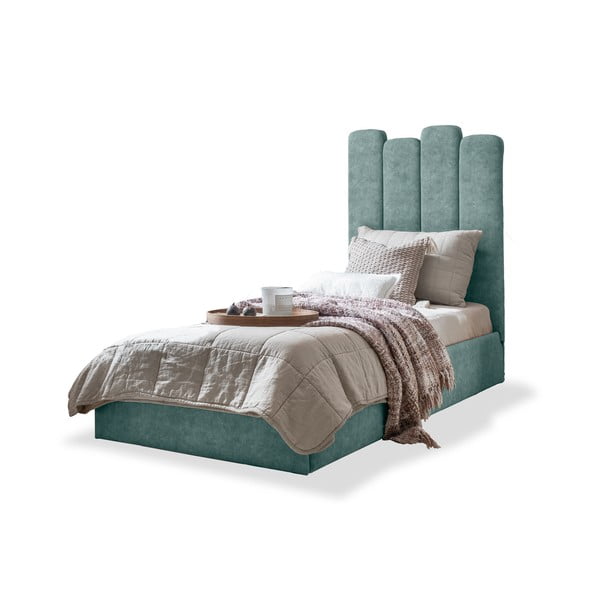 Tyrkysovomodrá čalúnená jednolôžková posteľ s úložným priestorom s roštom 90x200 cm Dreamy Aurora – Miuform