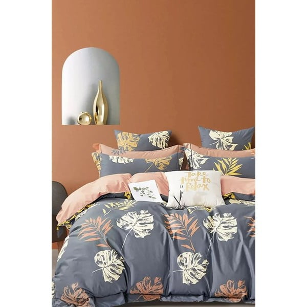 Sivé predĺžené štvordielne obliečky na dvojlôžko s plachtou 200x220 cm Leaf – Mila Home
