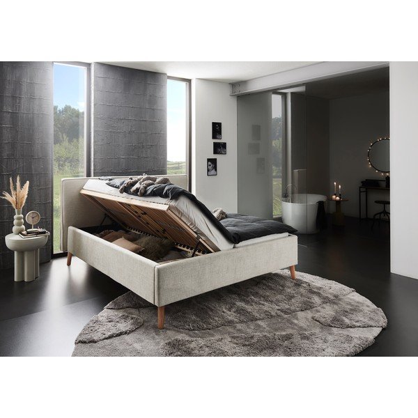 Krémovobiela čalúnená dvojlôžková posteľ s úložným priestorom s roštom 160x200 cm Riva – Meise Möbel-image-3