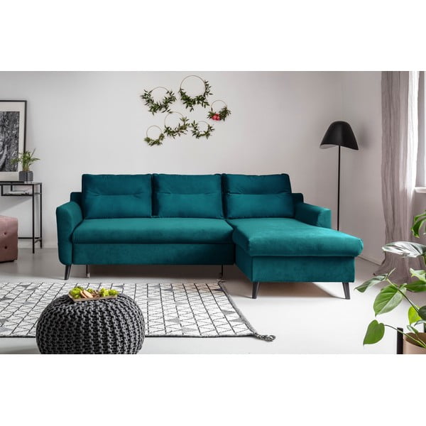 Tyrkysovomodrá zamatová rozkladacia rohová pohovka Miuform Stylish Stan, pravý roh-image-1