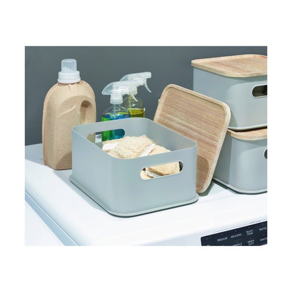 Sivý úložný box s vekom z dreva paulownia iDesign Eco Handled, 21,3 x 30,2 cm-image-4