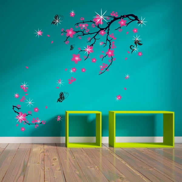 Sada 38 samolepiek na stenu Walplus Pink Blossom Flowers with Swarovski Crystals