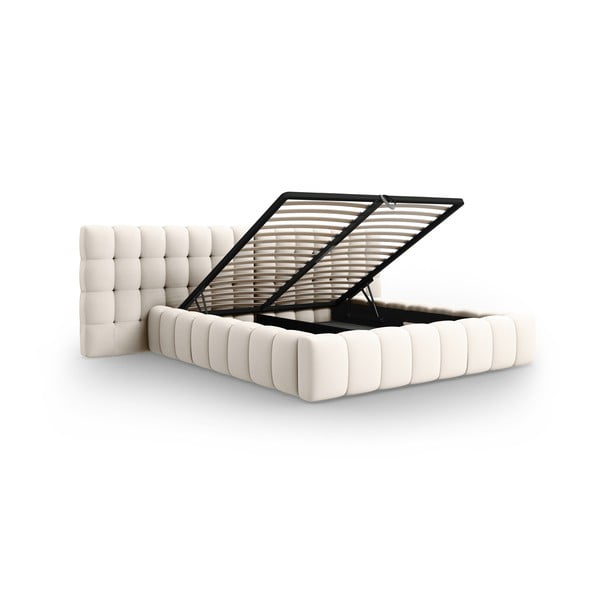 Krémová čalúnená dvojlôžková posteľ s úložným priestorom a roštom 200x200 cm Mamaia – Micadoni Home-image-3