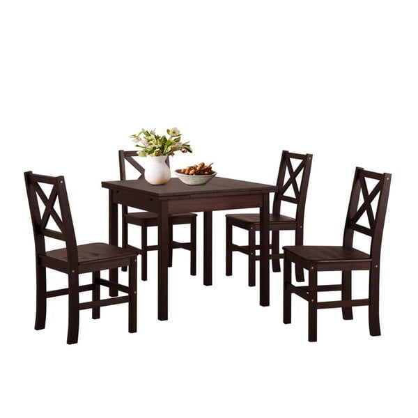 Set tmavohnedého jedálenského stola a 4 stoličiek z borovicového dreva Støraa Marlon