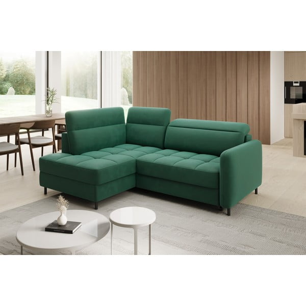 Zelená zamatová rozkladacia/s úložným priestorom rohová pohovka (ľavý roh/do L) Barea – ELTAP-image-3