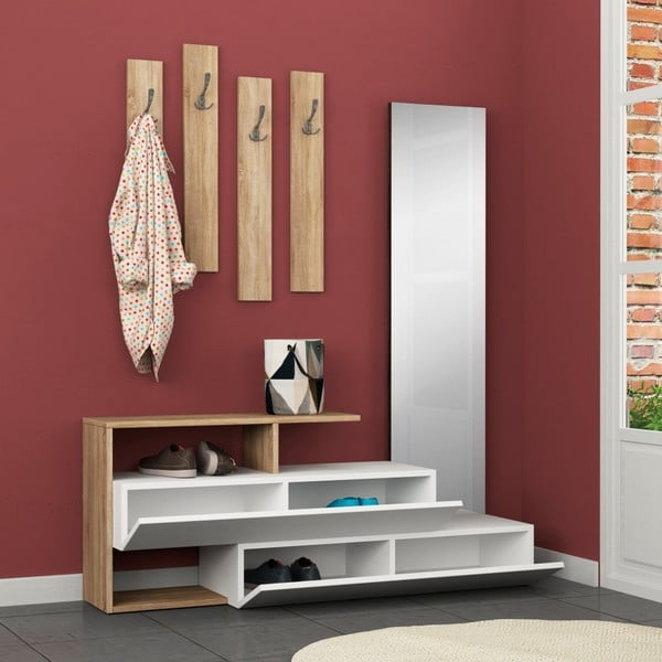 Set skrinky na topánky so zrkadlom a nástenného vešiaka Ramda Oak-image-1