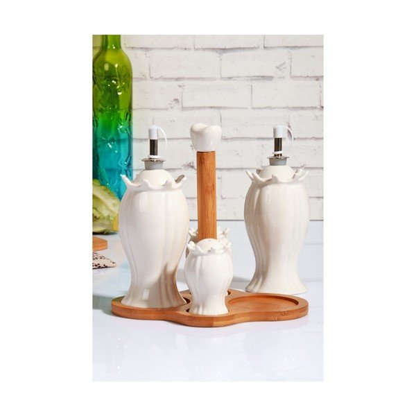 Set porcelánovej koreničky, soľničky a 2 fliaš na olej na bambusovom podnose Marinos-image-1