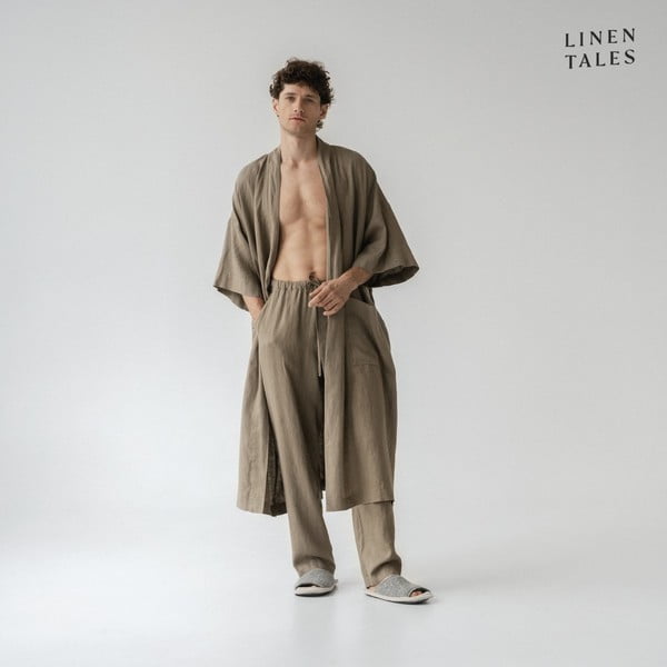 Khaki ľanový župan veľkosť L/XL Summer - Linen Tales-image-2
