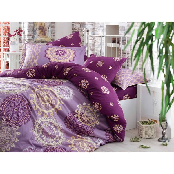 Obliečky z bavlneného saténu s plachtou na dvojlôžko Ottoman Purple, 200 × 220 cm