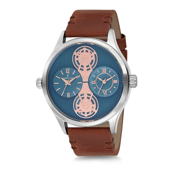 Pánske hodinky s hnedým koženým remienkom a modrým ciferníkom Daniel Klein Pulse